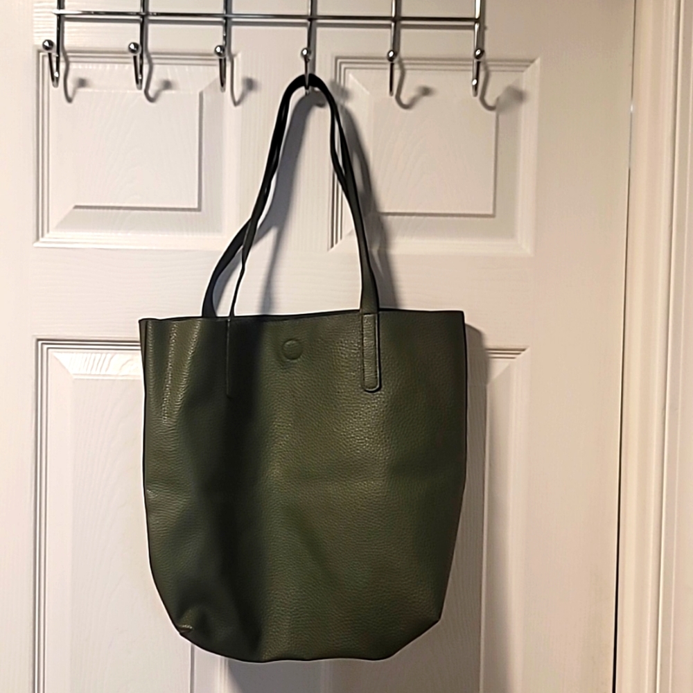 Olive Green leather tote bag 15×14